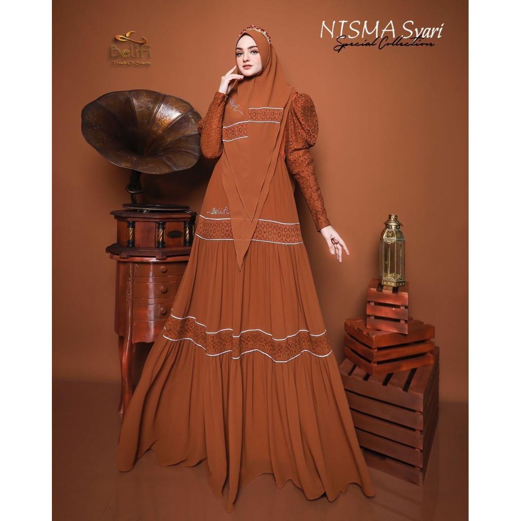 100% Original Nisma Brukat Series By Belifi Gamis Syari Set Khimar Premium Brocade Lace Import