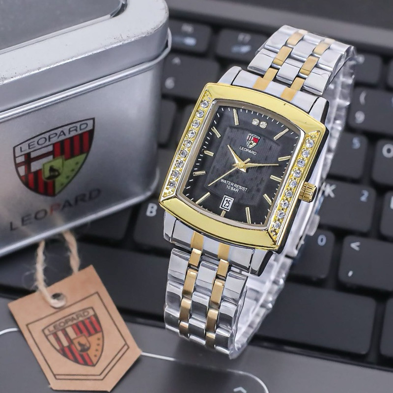 ORIGINAL - Jam tangan wanita LEOPARD Square mata2 mewah fitur tanggal aktif anti air strap rantai - 