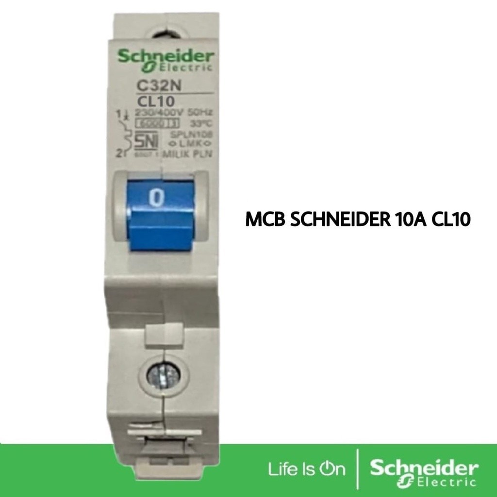 MCB SCHNEIDER 10 AMPERE 10A CL10 C32N  BIRU SPLN PLN BENSER 2300W 2300WATT PEMUTUS ARUS KWH LISTRIK 