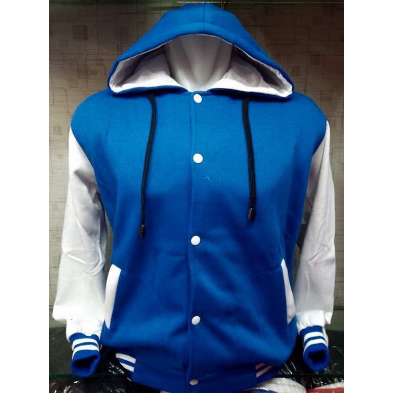 Jaket Hoodie Varsity Baseball Biru Putih