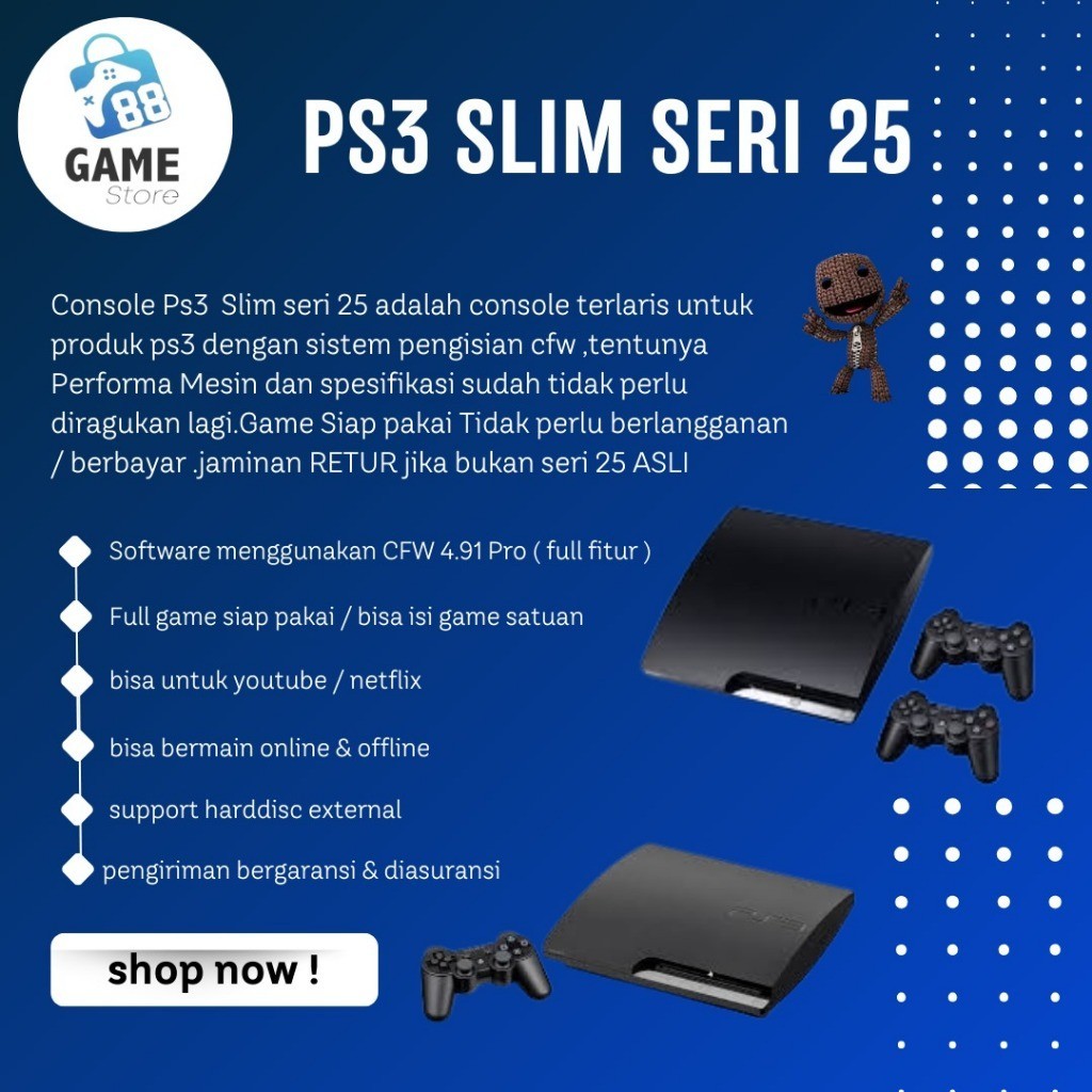 PLAYSTATION 3 | PS3 SLIM SERI 25 | SERI 25 CFW | GARANSI 1 TAHUN | 320GB| 500GB | 1TB | FULL GAME