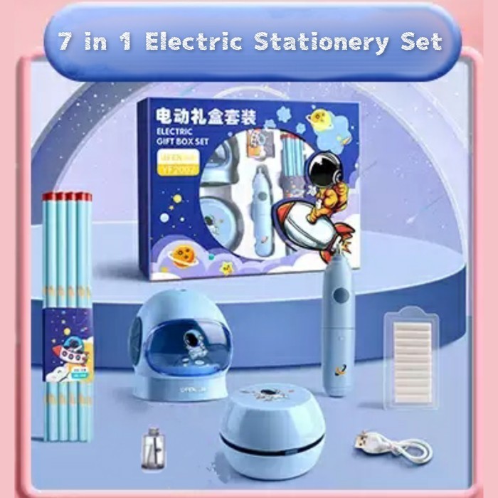 

Stationery set alat tulis elektrik / Serutan otomatis dan alat vakum - Biru 7 in 1