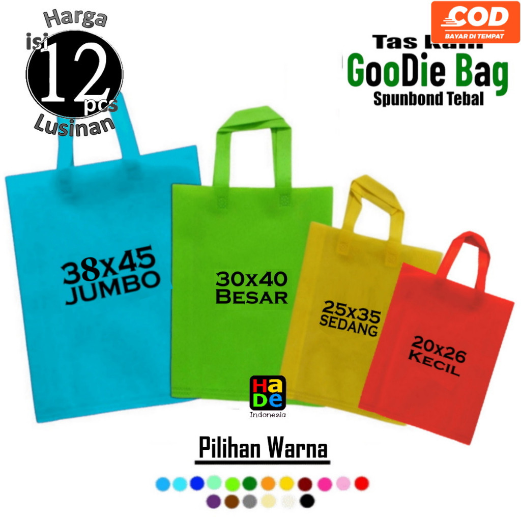 

1 Lusinan isi 12 Tas Kain Spunbond Goodie Bag Handle / Tali Ukuran Jumbo Besar Kecil 20x26 25x35 30x40 38x45 Kantong Belanja Bingkisan Sembako Hampers Dus Nasi kotak Tasyakuran tile Souvenir Ultah Ulang tahun anak Paper bag Hantaran Berkat Besek Hajatan