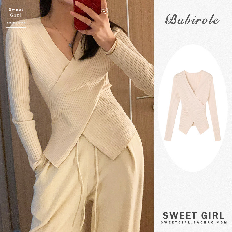 Baju atasan wanita/sweater rajut wanita/baju rajut panjang/Cross v-neck -NGROS