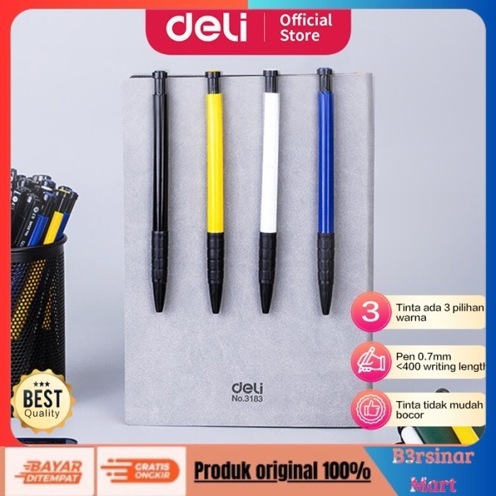

[[KUALITAS TERBAIK]] Deli Pulpen Retractable 3 Warna 1Box isi 36Pcs hasil tinta tebal 6546 Hitam COD