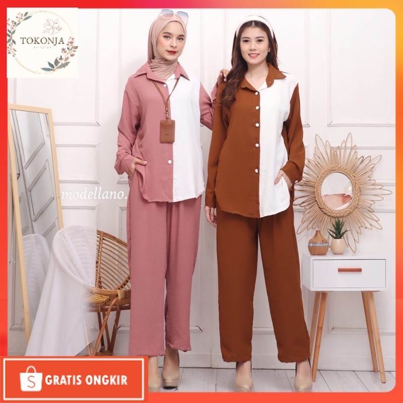 One Set Terbaru / ONE SET CRINKLE NOELA STELAN SETCEL JUMBO KANCING PUTIH BIGSIZE XXL MURAH GROSIR M