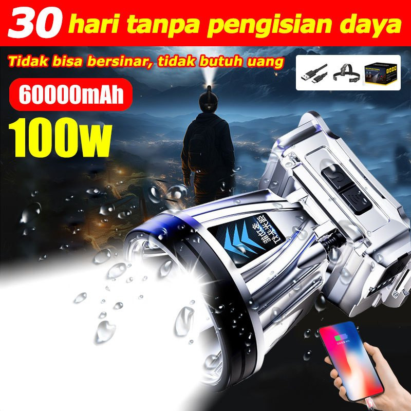 PROMO SENTER KEPALA 200W Senter Kepala 100Watt【30 hari tanpa pengisian daya】Tidak bisa bersinar, tid