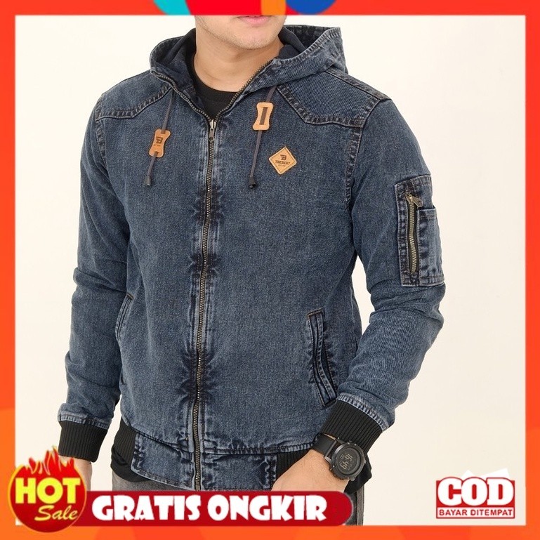 [PREMIUM ORIGINAL] Jaket Jeans Hoodie Sandwoahs - Jaket Denim Pria Woshing - Jaket Jeans Topi Origin