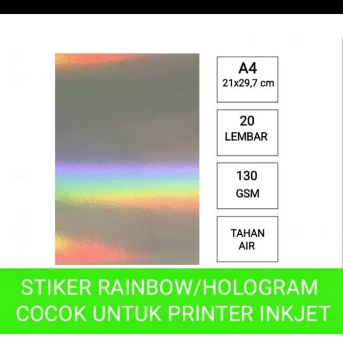 

sticker rainbow inkjet A4 isi 20 lembar/stiker hologram pelangi inkjet