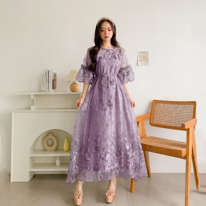 TERBARU Maxi Dress Wanita Brukat Tile Furing Import Baju Pesta Modern Kekinian - Mauve, M