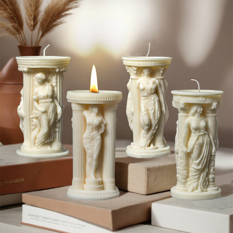 

3D Roman Princess Cylindrical Candle Silicone Molds Greek Athena Statue DIY Minimalist Column Gift Gypsum Resin Mold Home Decor