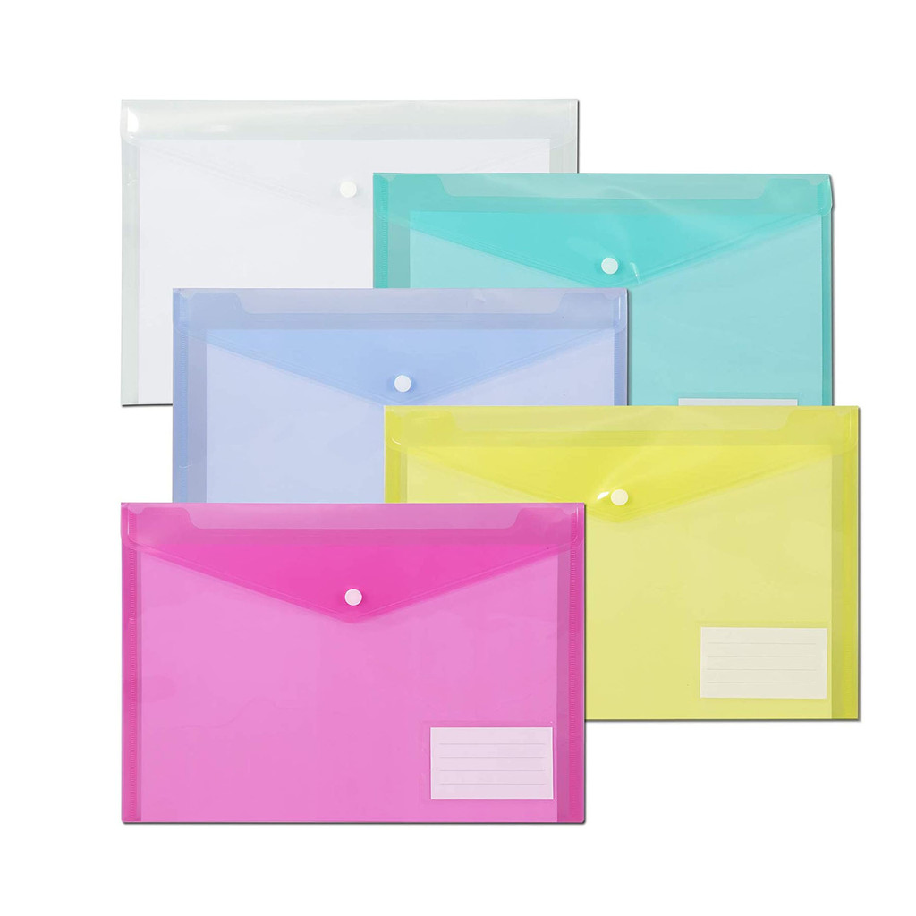 

5 Pack A4 Size Assorted Colorful Envelope Folder with Snap Closure with Label Pocket Folders for Documents