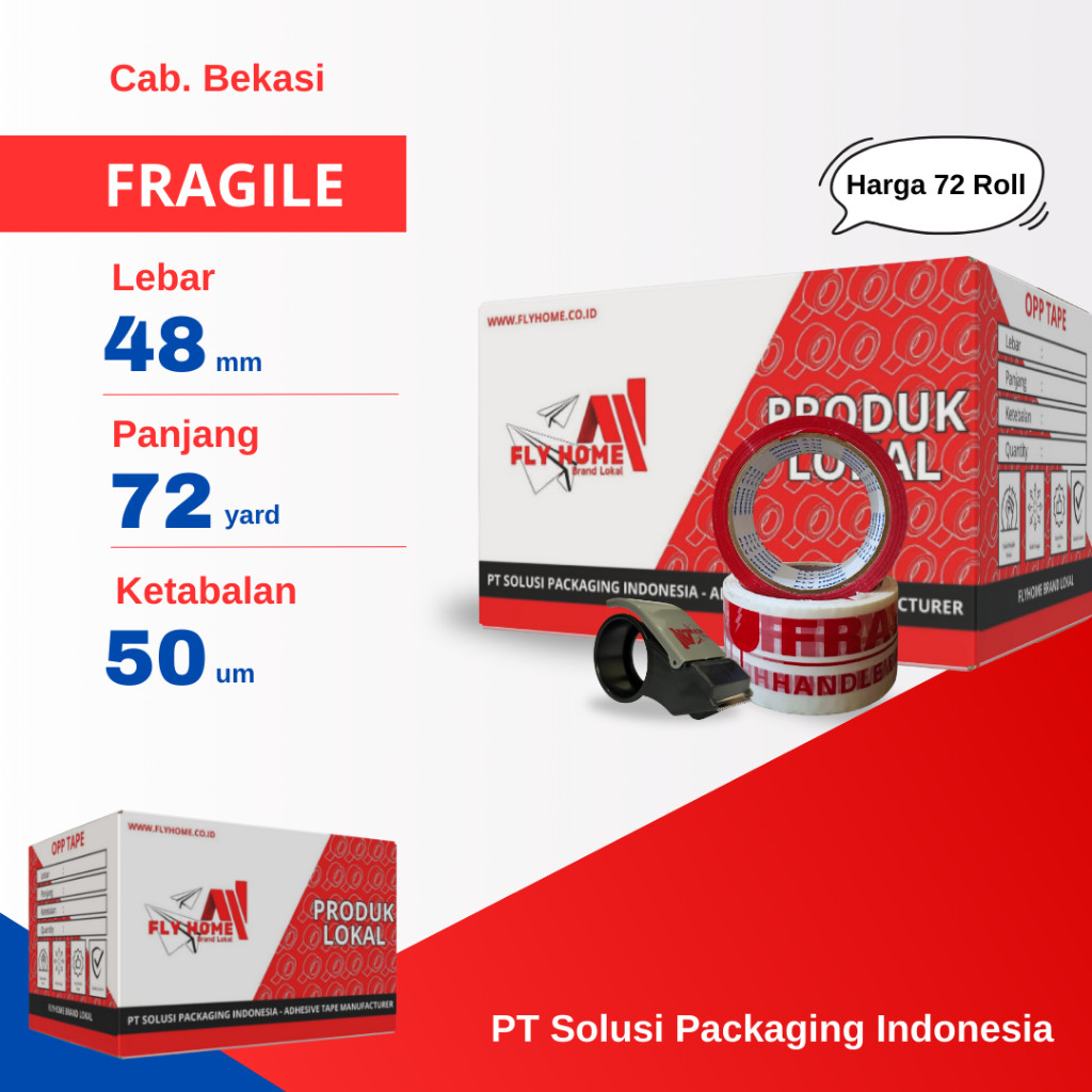 

FLYHOME 1Dus Lakban Fragile Merah Putih 48x72Y 2inci Uk Besar 72 Yard CARGO