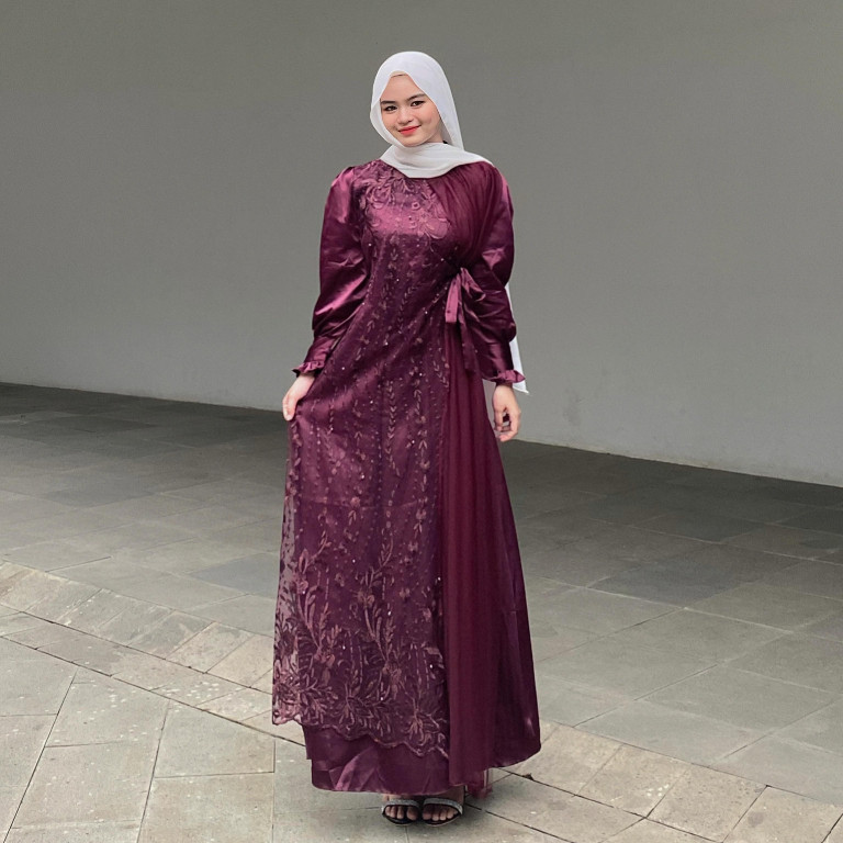 KAIN ADEM Gamis kondangan remaja Kinar Gamis Brokat Burgundy Premium Maxi Dress Pesta Exclusive Keki