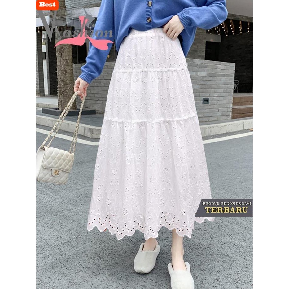 rok wanita kekinian Rok Katbol Katun Bordir Putih A-Line Kasual 9045 Bawahan Rok Wanita - Putih, All
