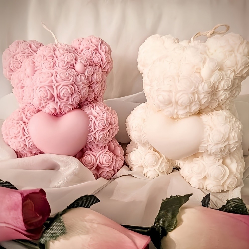 

3D Rose Bear Candle Silicone Mold Rose Flower Animal Painting Plaster Resin Soap Craft DIY Tool Wedding Valentine's Day Supplies