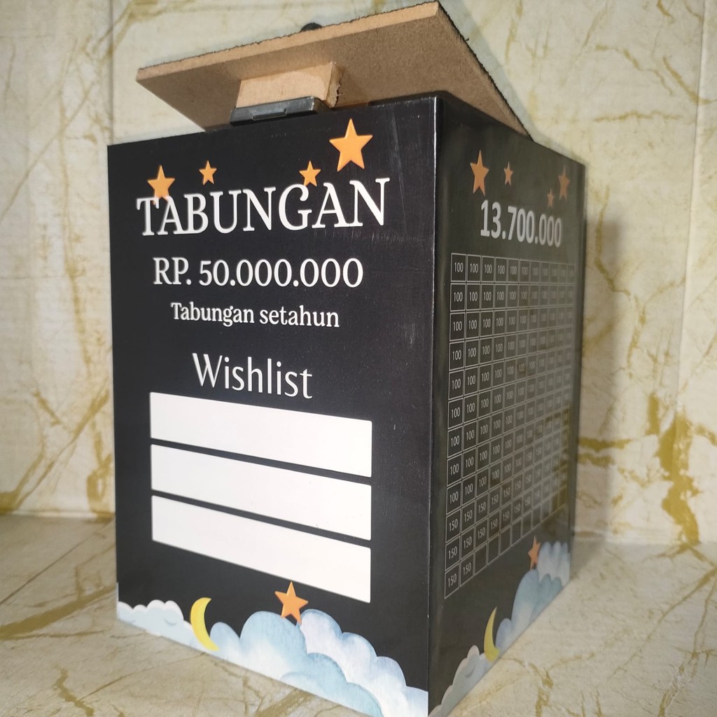 Celengan Target Jumbo 50 Juta Hitam Kotak Wishlist Besar Kunci Gembok 15x15x20 cm Kayu MDF Buah