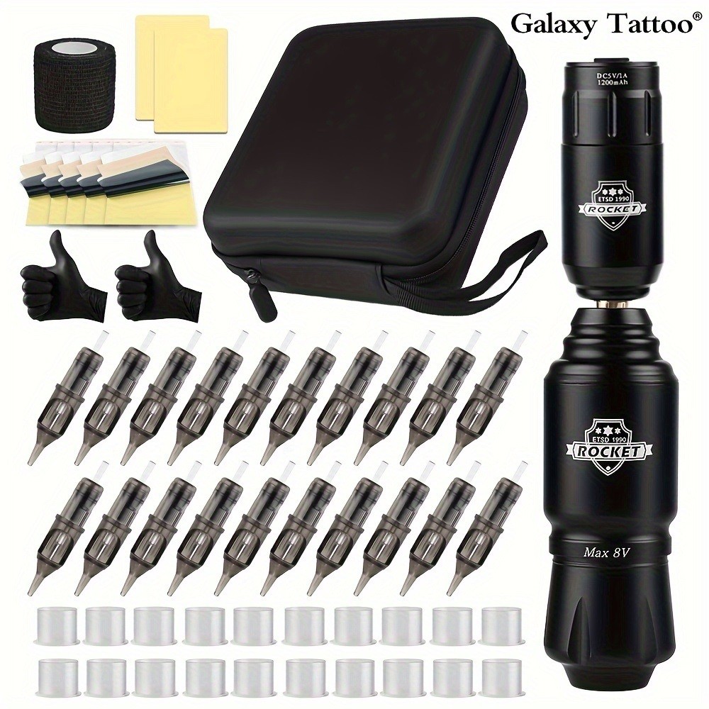 Wireless Tattoo Kit Complete Mini Rocket Machine Battery 20pc Tattoo Needles Power Rotary Tattoo Pen