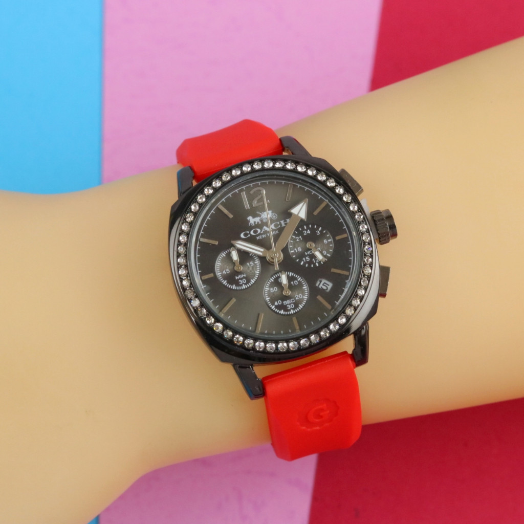 PROMO, Jam Tangan Wanita Coach-NY Strap Rubber Body Bulat Hitam Chrono Tanggal Aktif Box Exclusive