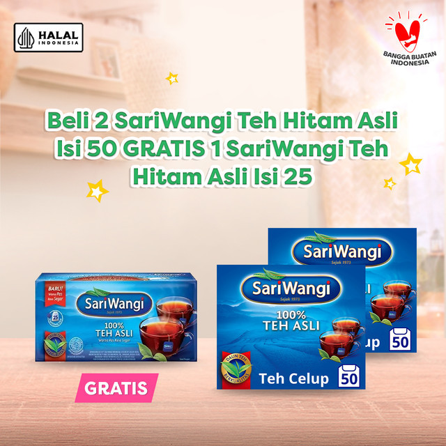 

Beli 2 Sariwangi Teh Hitam Asli Isi 50 GRATIS 1 Sariwangi Teh Hitam Asli Isi 25