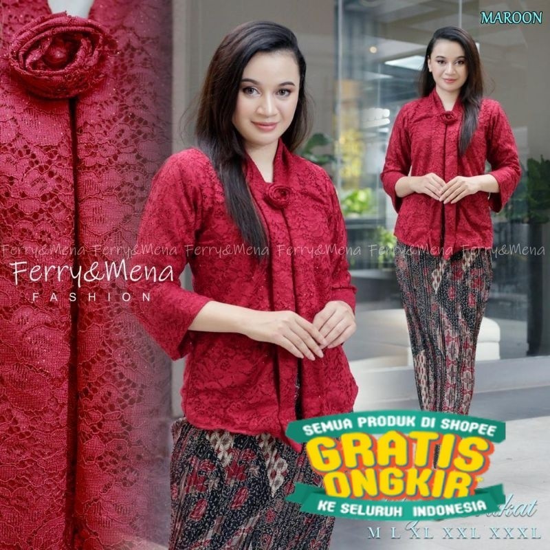 Setelan Kebaya Brokat floy + Rok Plisket Panjang Batik Setelan Kebaya Muslimah Wanita Modern Baju Ke