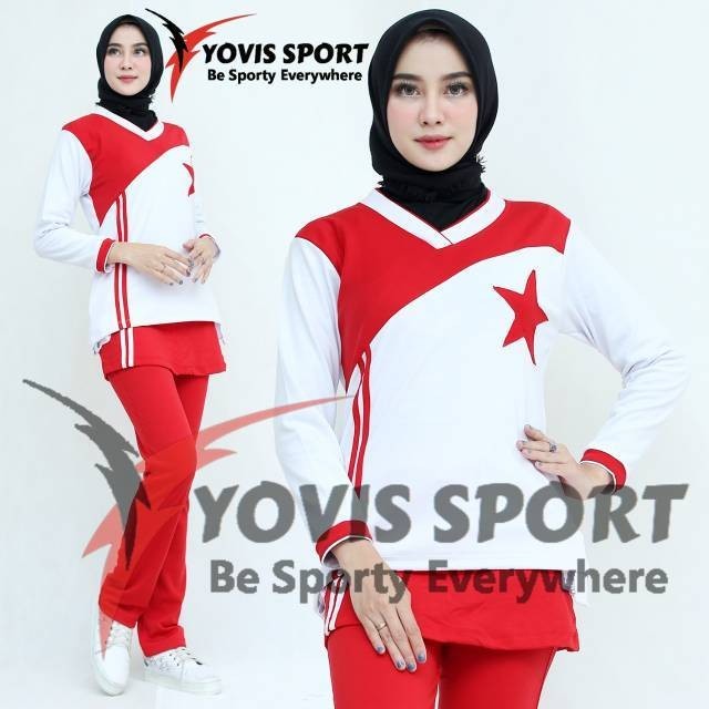 Setelan Bintang senam wanita Yovis Sport / Baju merah putih / Pakaian Olahraga muslimah/Hijab