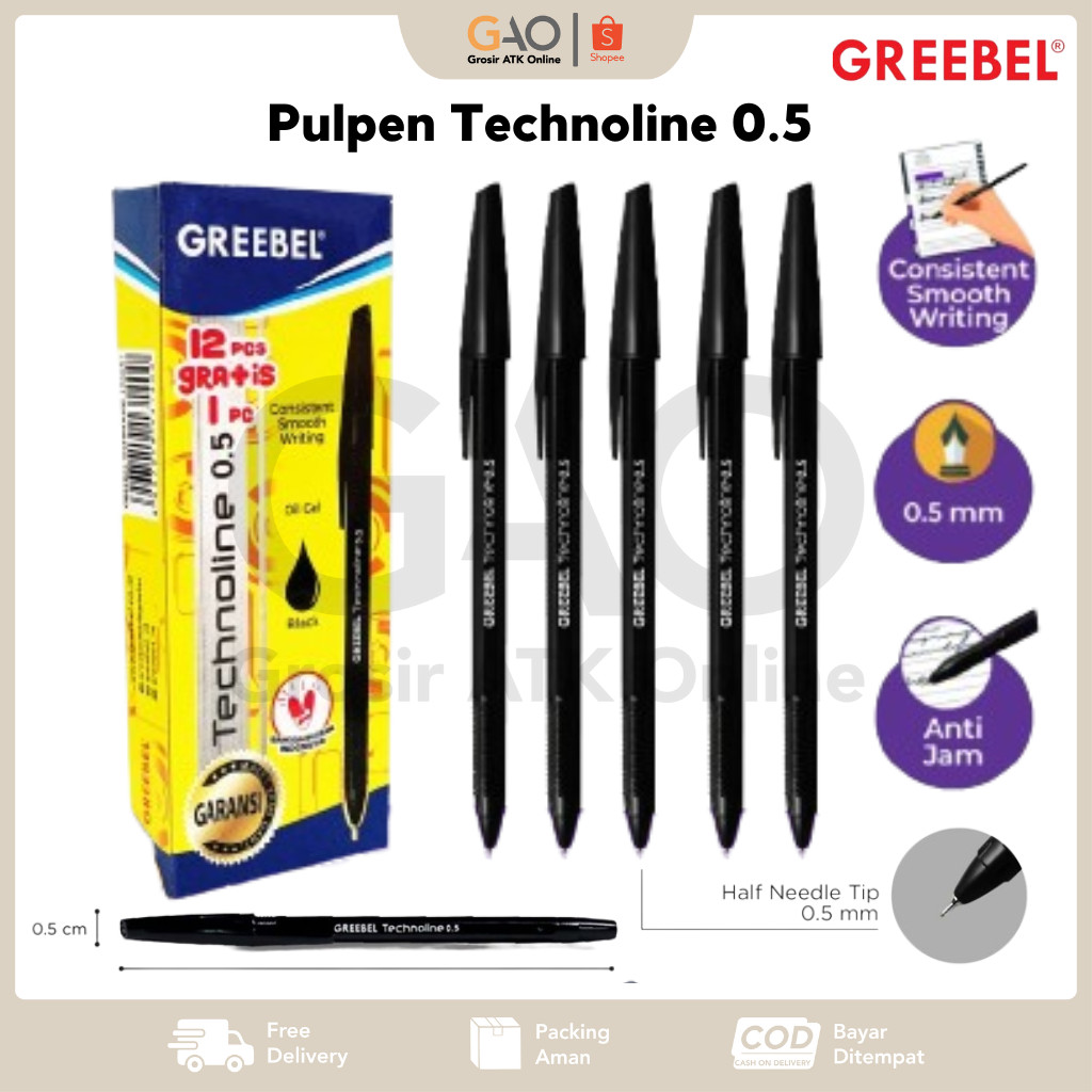 

Pulpen Greebel Technoline Gel 0.5 (1Pack Isi 12pcs + gratis 1pcs) - HITAM
