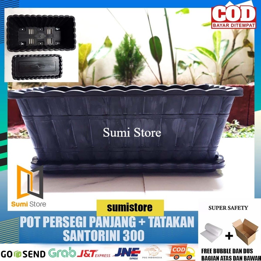 Pot Persegi Panjang Hitam + Tatakan Santorini 30 cm