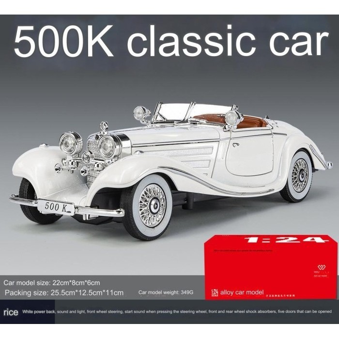Diecast Miniatur Mobil Classic Mercedes-Benz 500K vintage car retro 1:24 - Putih
