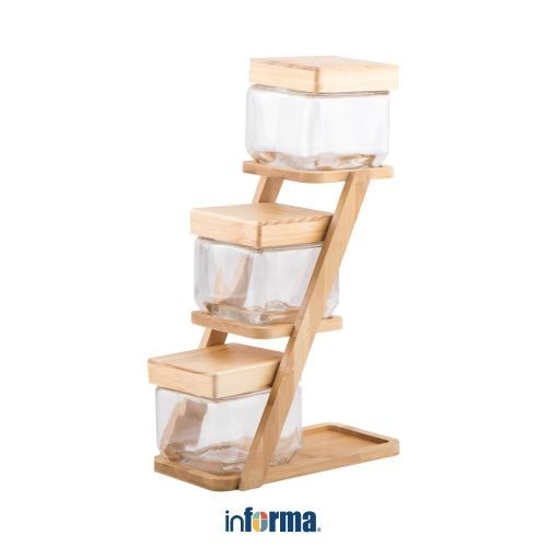 Informa Celine Set 3 Pcs Stoples Kaca Dengan Rak Jar Toples Kue Kering Perlengkapan Dapur Wadah Maka