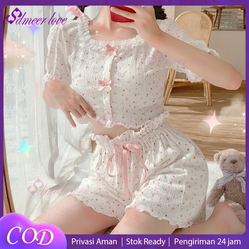 baritaxxs - piyama sweet setelan wanita import putih motif bunga renda lengan pendek