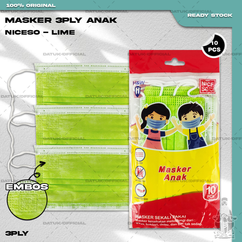 Masker Anak Medis 3Ply NICESO Isi 10Pcs Warna Lime 3 Ply Earloop Surgical Mask Kemenkes