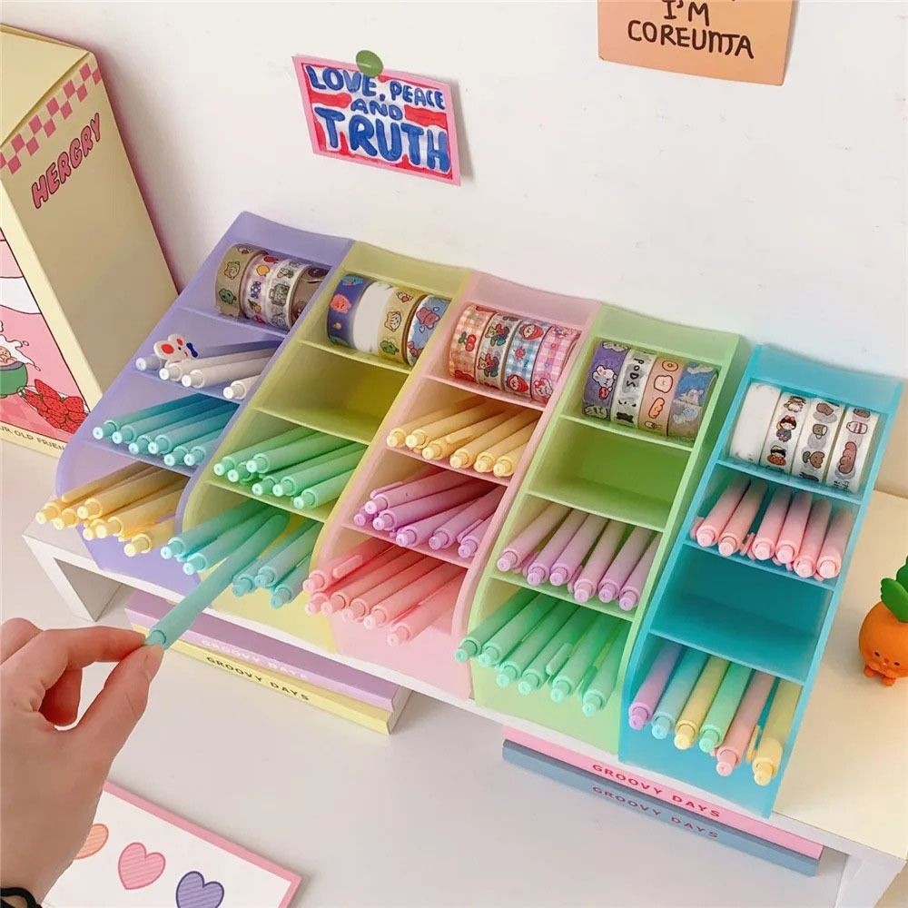 

4 Grids Oblique Pen Holder Large Capacity Macaron Color Pencil Container INS Style Desk Stationery Storage Pen Storage Box