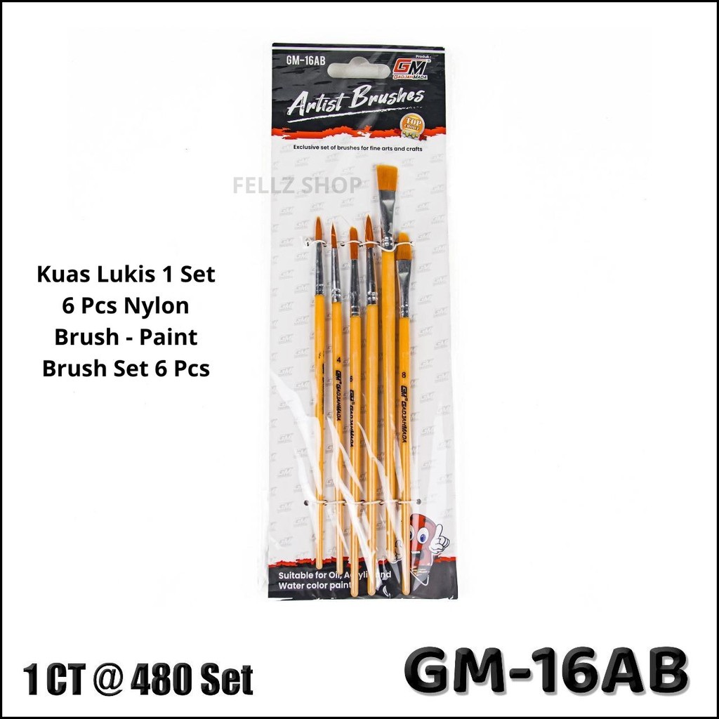 

NAT - 1 Set Kuas Lukis Set 6 Pcs Nylon Brush - Paint Brush Set Kode GM-16AB ( Flat & Round Brushes )