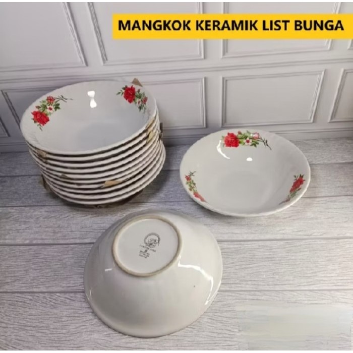 Mangkok Keramik Motif Kembang Rose Lucky 7 Inch Mangkok Makan Mangkok Sayur - 6 Pcs