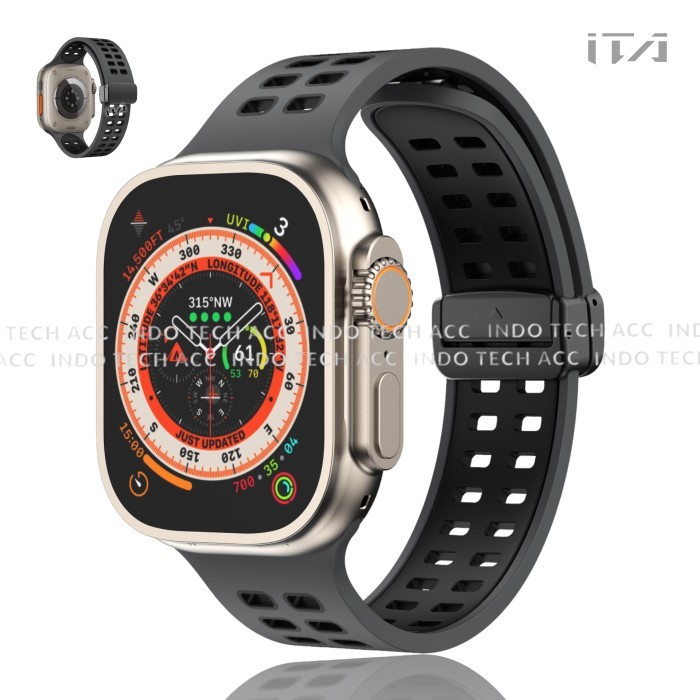 P  R O M O Strap Rubber Apple Watch ULTRA 9 8 7 6 5 4 3 SE Tali iWatch Air Force - Black Black, 46 M