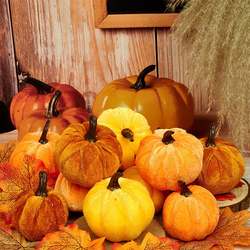 

12pcs Artificial Fake Velvet Fabric Pumpkins Simulation Halloween Decoration for Fall Home Farmhouse Harvest Thanksgiving Decor