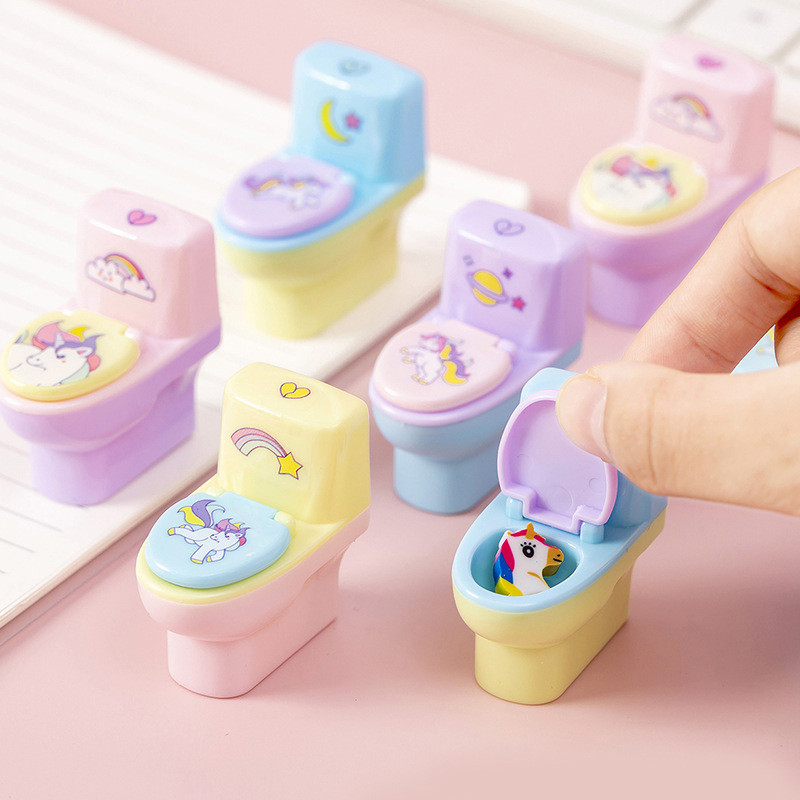 

1PC Random Color Creative Toilet Shape Pencil Sharpener Cartoon Pencil Sharpener With Eraser School Supplies Students Stationery