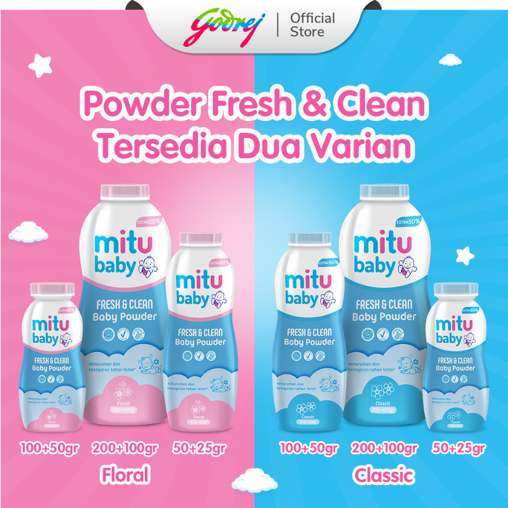 MFI - Mitu Baby Powder Series | Netto 300gr & 150gr | Bedak Bayi | Classic | Floral