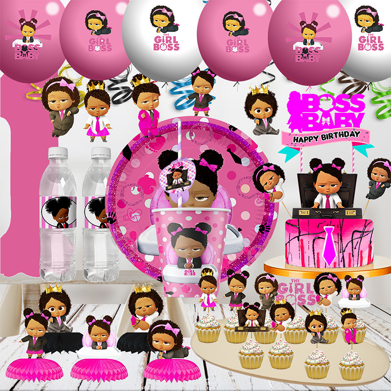 disney Black Girl Boss Baby birthday party Decoration Disposable Paper cups  plates  Balloon Banner 