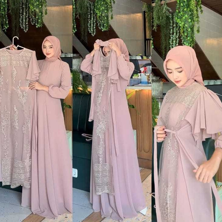 Delisa Dress Set Outer Size M-XXL Jumbo Gamis Kondangan Bahan Armany Silk Mix Organza Gaun Elegant N