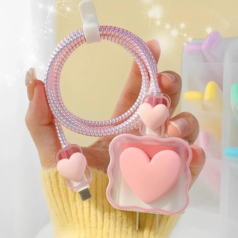 Cantik 3D Heart Set Paket Cover Pelindung Kepala Charger Kabel Untuk Charger Original iPhone 20W
