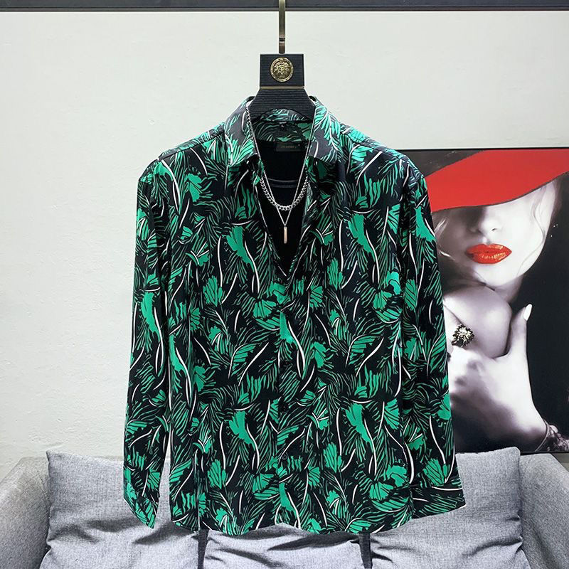Kemeja Pria Casual Daun Vintage Kemeja Pria Lengan Panjang Hijau