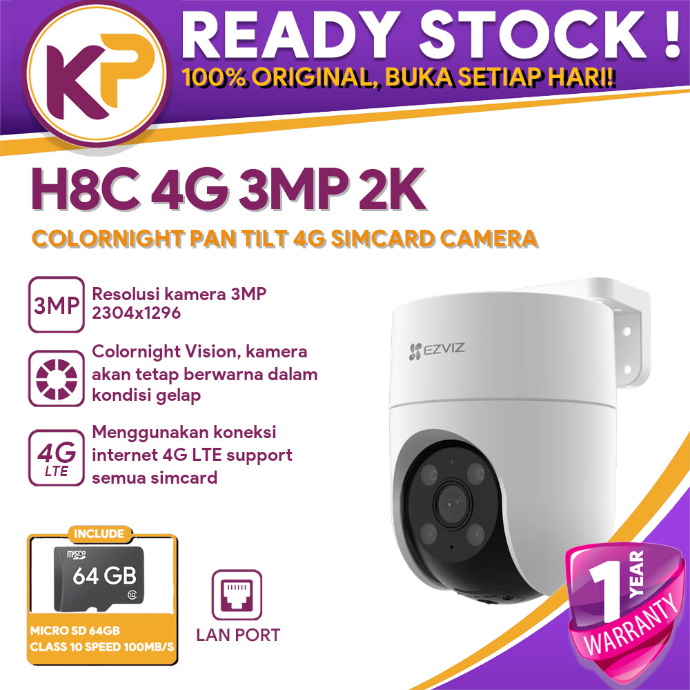 EZVIZ H8C 4G 3MP 2K COLORNIGHT PAN TILT 4G SIMCARD ALL OPERATOR CAMERA FREE MICRO SD 64GB