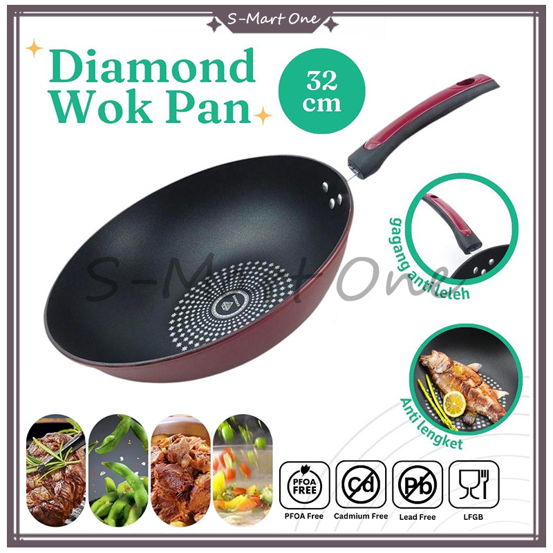 Wajan Diamond Anti Lengket Batu Medis 32cm/Diamond Wok Pan/Wajan Teflon Batu Medis 32CM/Wok Pan/waja
