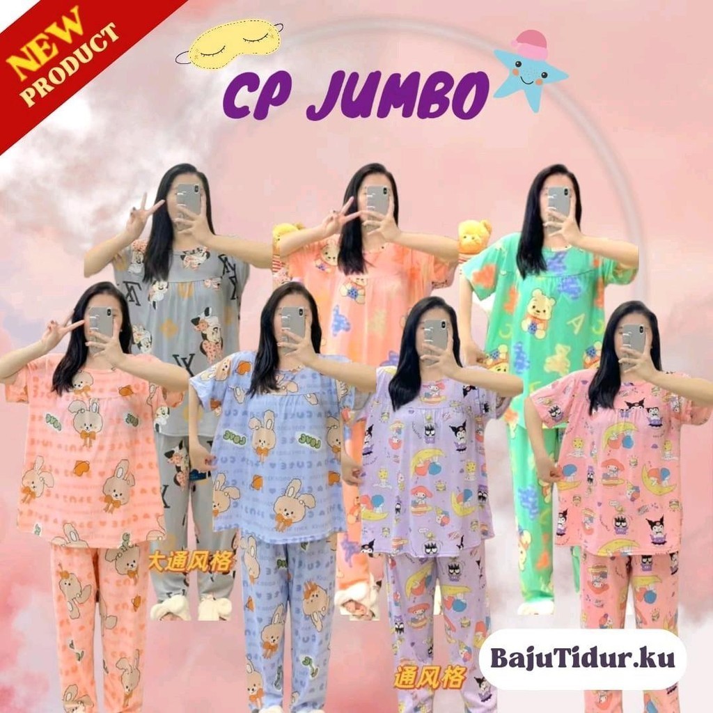 Setelan Baju Tidur Piyama Gemoy Celana Panjang Lengan Pendek Wanita Ukuran Jumbo LD 130 6XL