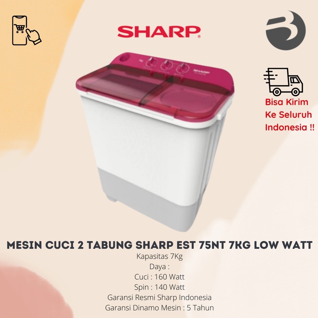 Mesin cuci 2 tabung sharp EST 75NT 7kg low watt