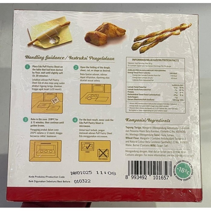 

Edo Puff Pastry Sheet 750gram - Gosend/Grab Only