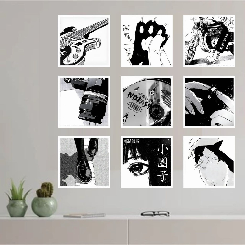 Poster Kayu 20X20 Hiasan Dinding Aesthetic  Dekorasi Kamar hitam putih vector anime ilustrator Pajan