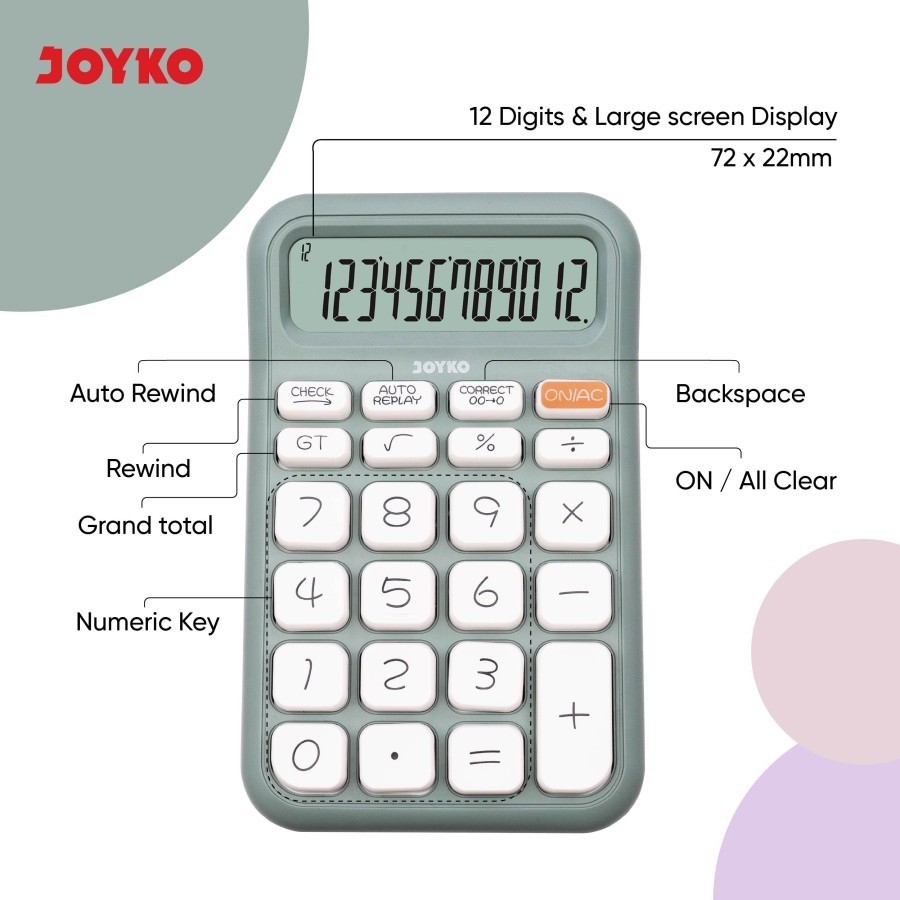 

HJK Joyko Calculator CC-62CO Check & Correct 12 Digits Pastel Color Kalkulator Kecil Murah